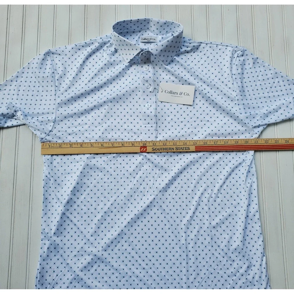 Collars & Co Mens Dress Collar Polo Shirt White Blue Diamond Print Large NWT